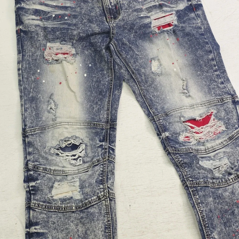 Makobi Biker Jeans Men's Size 36x32 Acid Wash Distressed Paint Splatter Moto